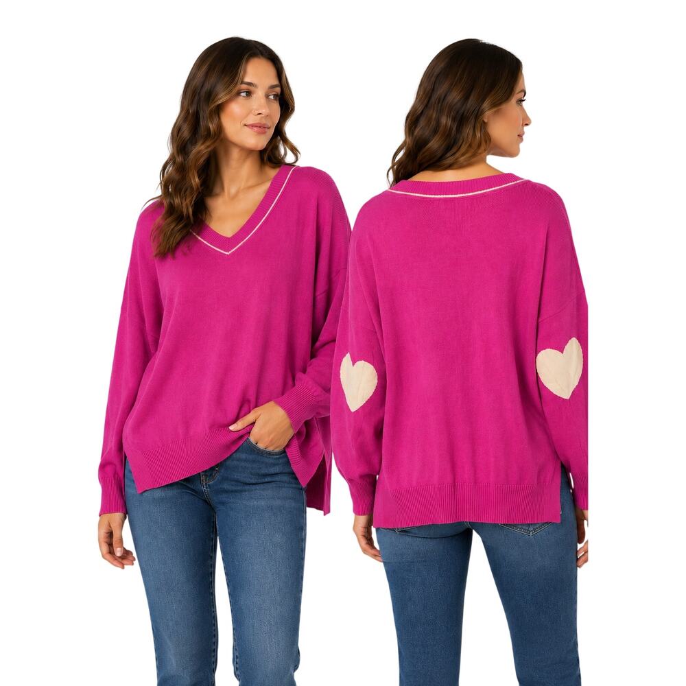 Studio Park Heart Elbow Patch Sweater XL Pink V Neck Oversized Tunic Knit